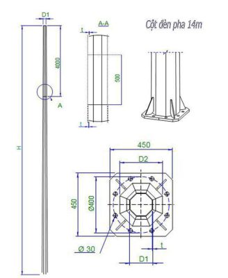 Bản vẽ cột đèn pha cao áp 14m