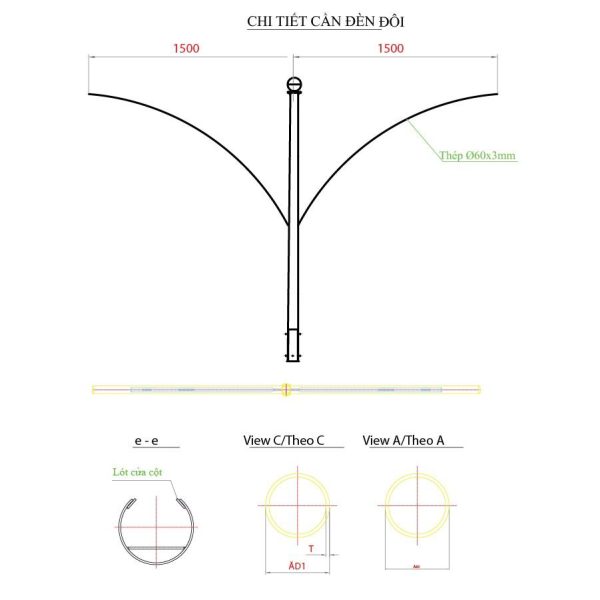 Cột Đèn Đường Mạ Kẽm NC-09 Bản vẽ chi tiết cần đèn đôi