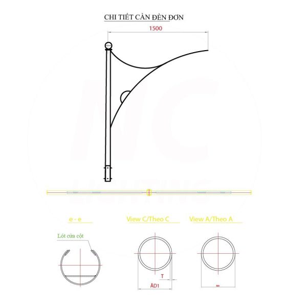 Bản vẽ chi tiết cần đèn đơn của cột đèn cao áp NC-08