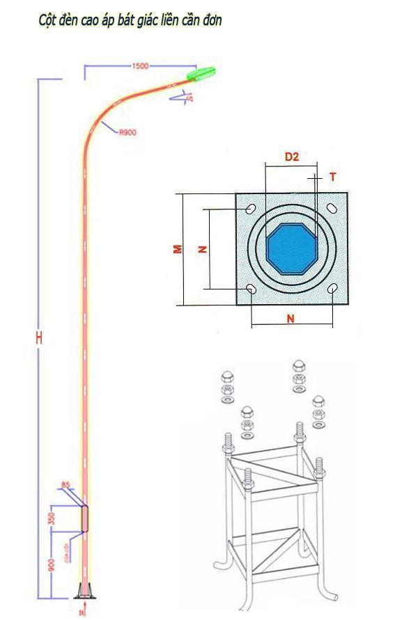 Cột Đèn Cao Áp Bát Giác Liền Cần Đơn Bản vẽ chi tiết cột đèn bát giác liền cần đơn