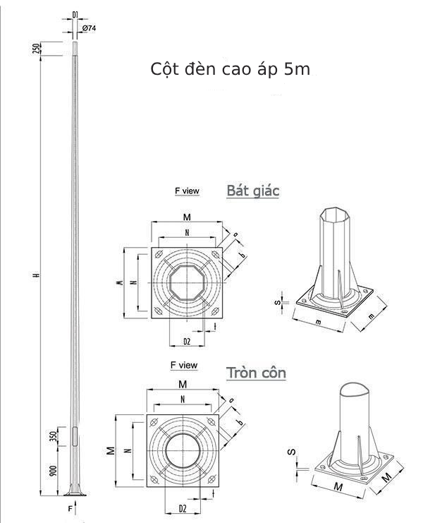 Bản vẽ chi tiết cột đèn cao áp 5m