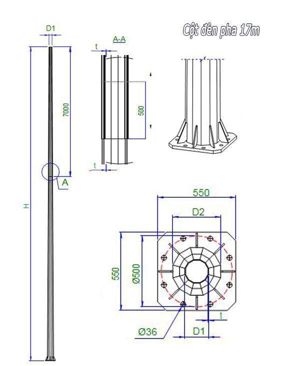 Bản vẽ chi tiết cột đèn pha nâng hạ cao áp 17m