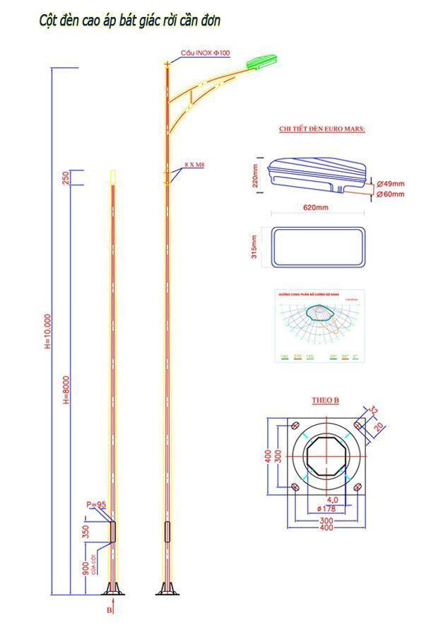 Địa chỉ bán cột đèn cao áp tại Hải Phòng Bản vẽ Cột đèn cao áp bát giác rời cần đơn
