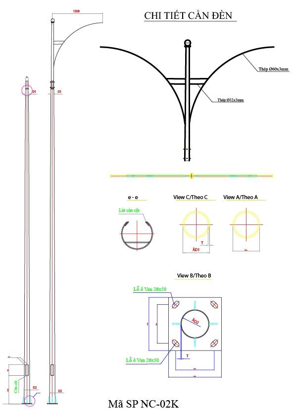 Cột Đèn Đường Chiếu Sáng NC-02 Bản vẽ cột đèn sân vườn NC02 cần kép