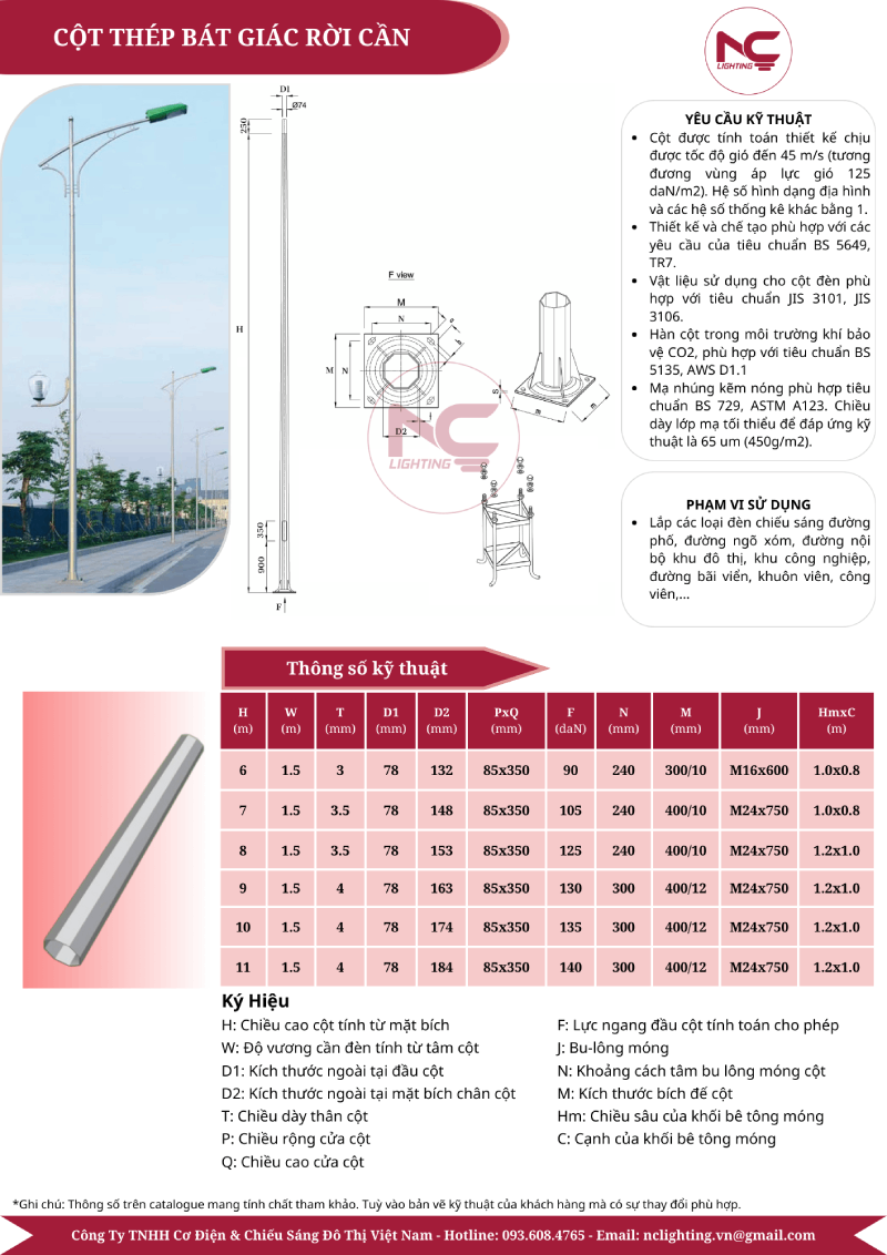 Cột Đèn Cao Áp Bát Giác Rời Cần Đơn Catalogue cột đèn bát giác rời cần