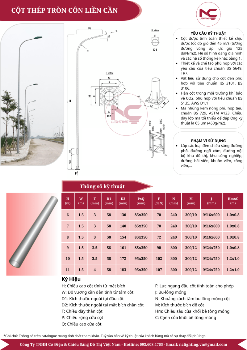 Cột Đèn Tròn Côn Liền Cần Đơn Catalogue cột đèn tròn côn liền cần
