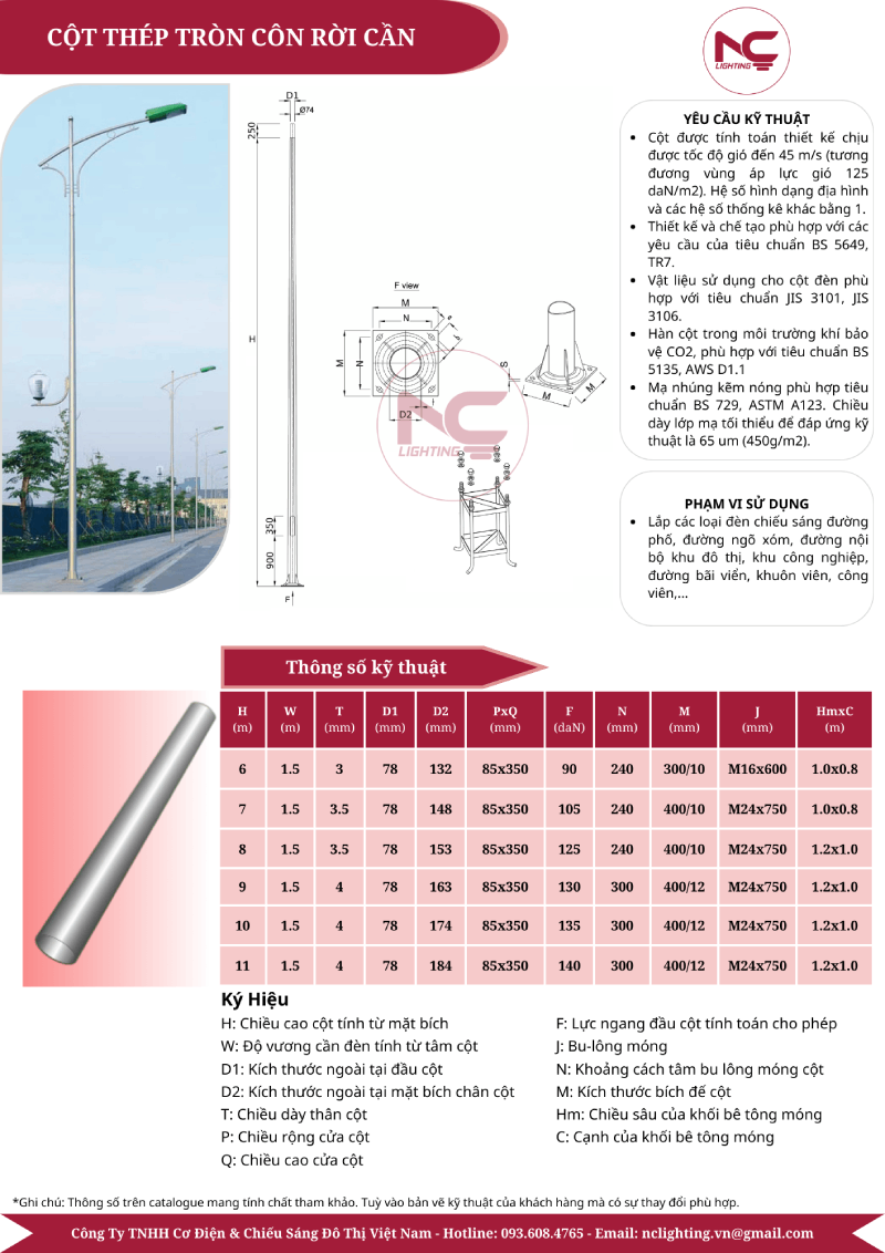 Cột Đèn Tròn Côn Rời Cần Kép Catalogue cột đèn tròn côn rời cần