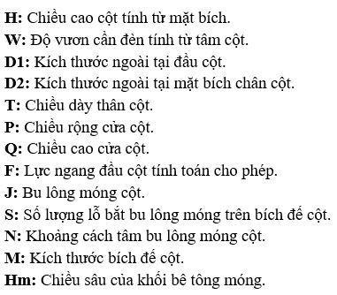 Chú thích các kí hiệu thông số kỹ thuật cột đèn 8m