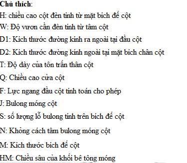 Cột Đèn Sân Tennis NC-02 Chú thích thông số kỹ thuật của Cột Đèn Sân Tennis NC-02
