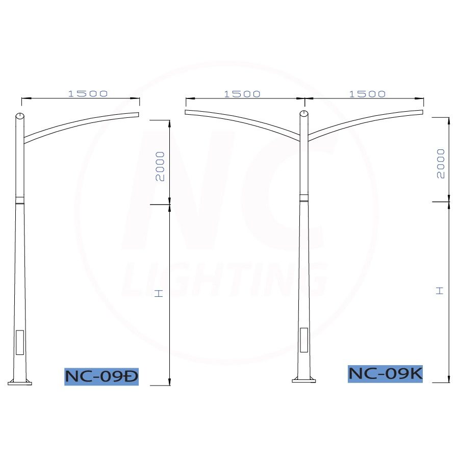 Kích thước cơ bản Cột Đèn Đường Mạ Kẽm NC-09 Kích thước cơ bản Cột Đèn Đường Mạ Kẽm NC-09
