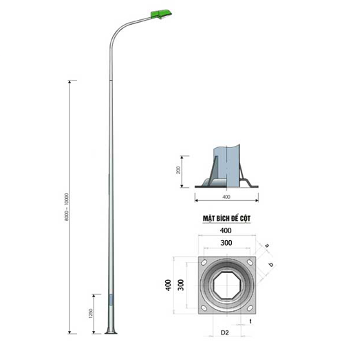 Kích thước mặt bích đế cột đèn bát giác liền cần đơn