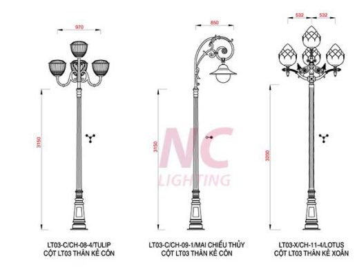 Thông số kỹ thuật các mẫu cột đèn sân vườn Pine