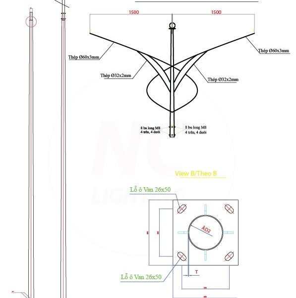 Cột Đèn Cao Áp Chiếu Sáng NC-01 Thông số kỹ thuật cần đôi của Cột Đèn Cao Áp Chiếu Sáng NC-01