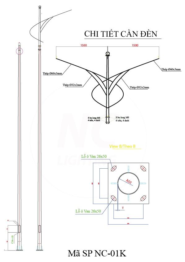 Cột Đèn Cao Áp Chiếu Sáng NC-01 Thông số kỹ thuật cần đôi của Cột Đèn Cao Áp Chiếu Sáng NC-01