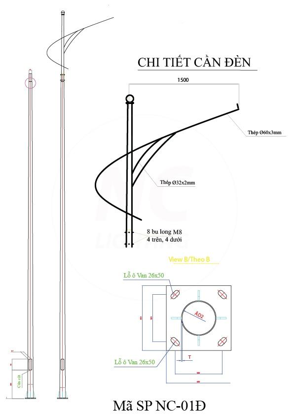 Cột Đèn Cao Áp Chiếu Sáng NC-01 Thông số kỹ thuật cần đơn của Cột Đèn Cao Áp Chiếu Sáng NC-01