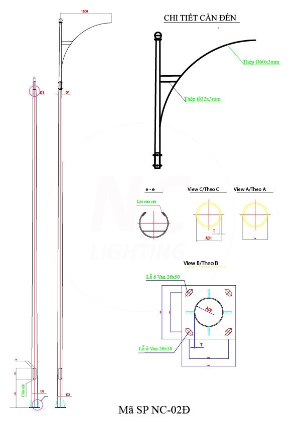 Cột Đèn Đường Chiếu Sáng NC-02 Thông số kỹ thuật cột đèn sân vườn cần đơn NC-02