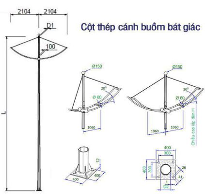 Cột Đèn Cánh Buồm Thông số kỹ thuật của cột đèn cánh buồm bát giác
