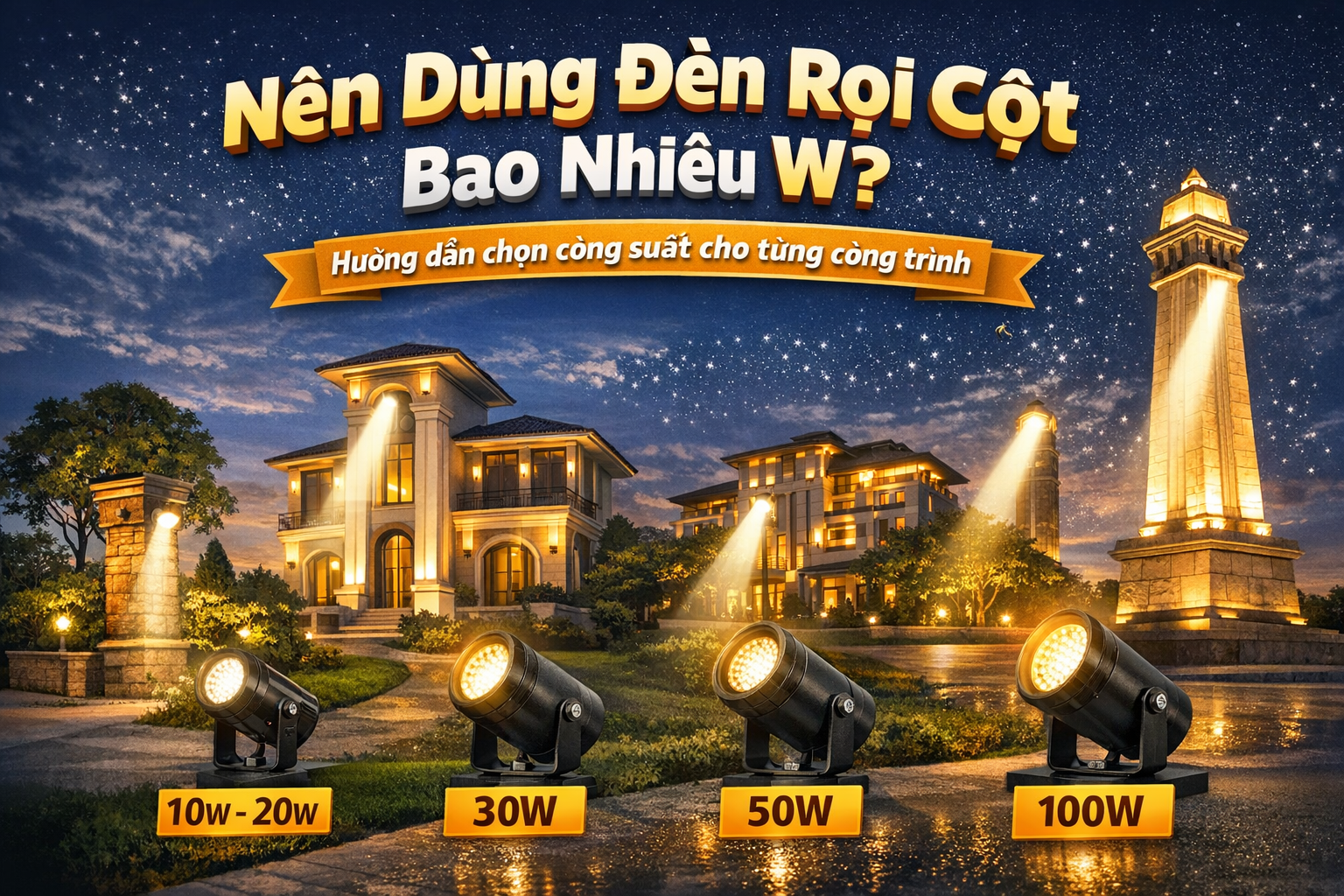 Nên sử dụng đèn rọi cột bao nhiêu W? Nên sử dụng đèn bao nhiêu W để chiếu cột?