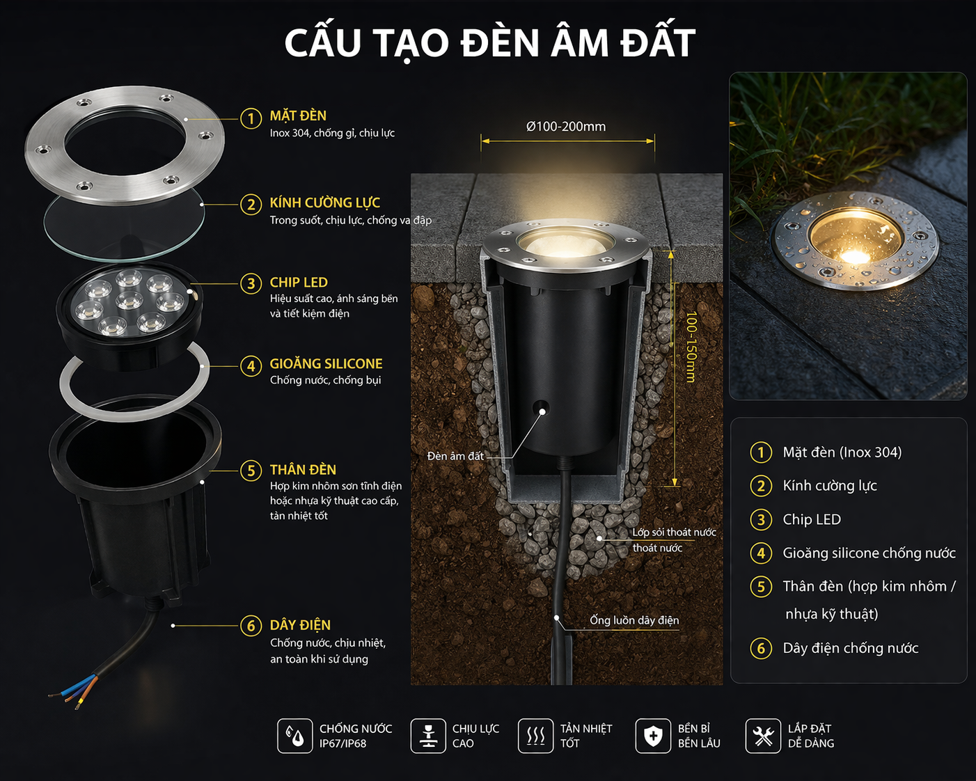 Cấu tạo của đèn âm đất