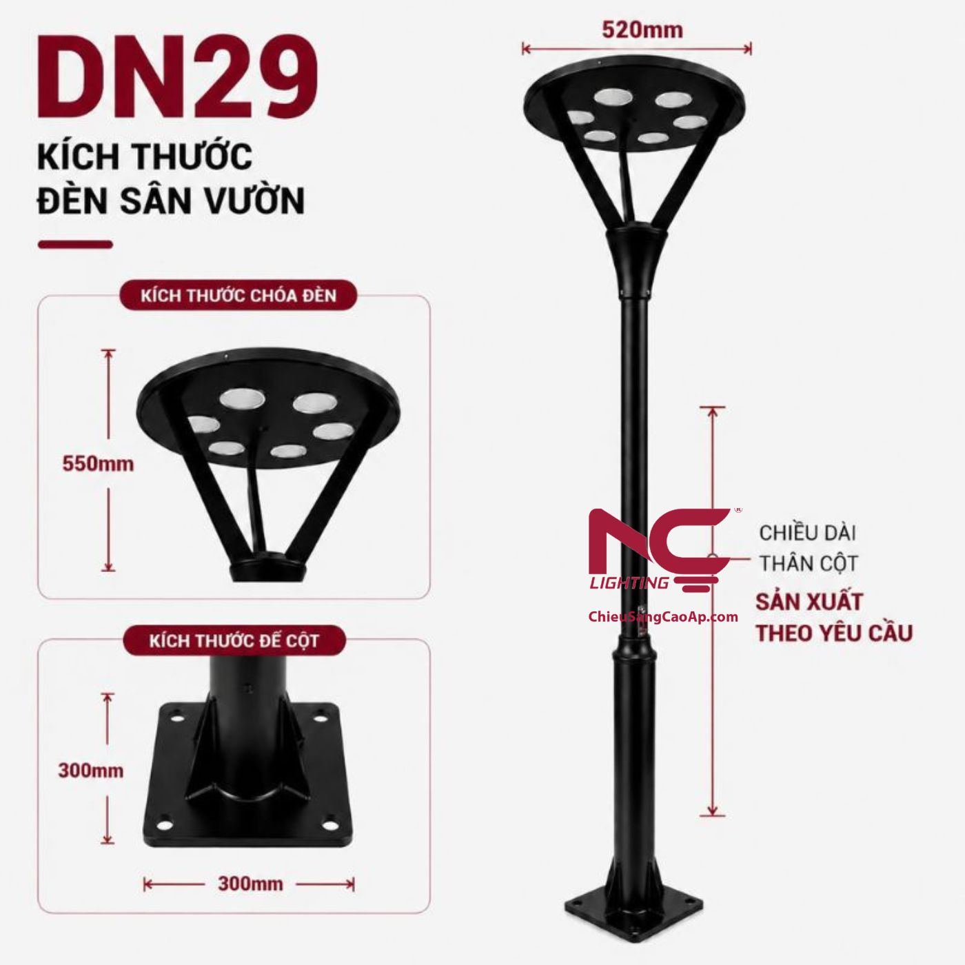 Cột đèn sân vườn DN29 Tổng quan kích thước cột đèn DN29